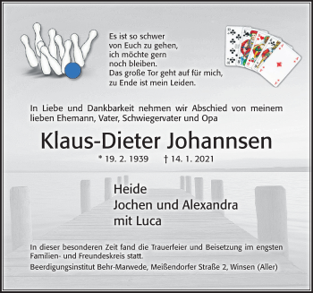 Traueranzeige von Klaus-Dieter Johannsen von Cellesche Zeitung