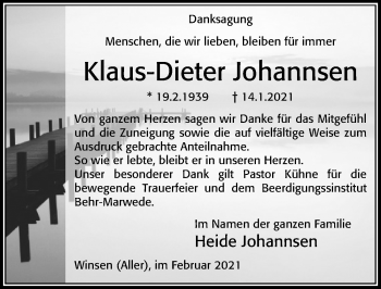 Traueranzeige von Klaus-Dieter Johannsen von Cellesche Zeitung