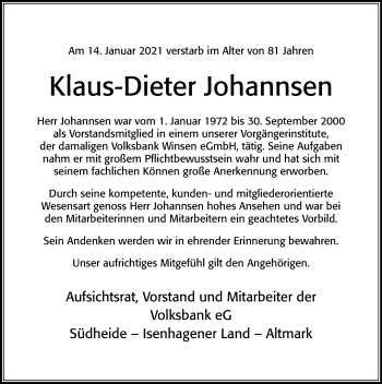 Traueranzeige von Klaus-Dieter Johannsen von Cellesche Zeitung