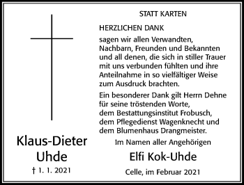 Traueranzeige von Klaus-Dieter Uhde von Cellesche Zeitung