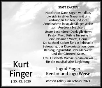 Traueranzeige von Kurt Finger von Cellesche Zeitung