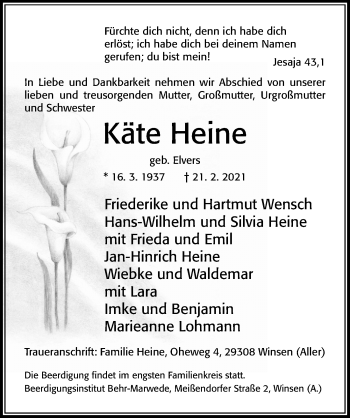 Traueranzeige von Käte Heine von Cellesche Zeitung