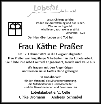 Traueranzeige von Käthe Praßer von Cellesche Zeitung