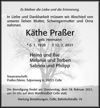 Traueranzeige von Käthe Praßer von Cellesche Zeitung