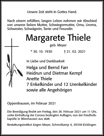 Traueranzeige von Margarete Thiele von Cellesche Zeitung