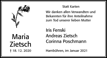 Traueranzeige von Maria Zietsch von Cellesche Zeitung