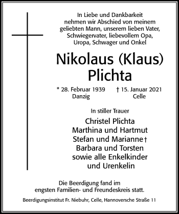 Traueranzeige von Nikolaus Plichta von Cellesche Zeitung
