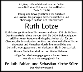 Traueranzeige von Ruth Lotze von Cellesche Zeitung