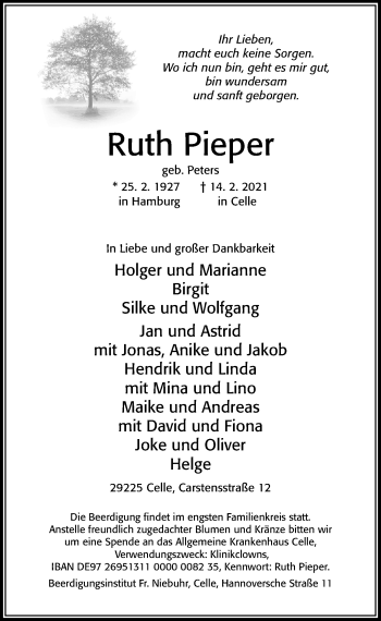 Traueranzeige von Ruth Pieper von Cellesche Zeitung