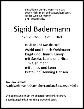 Traueranzeige von Sigrid Badermann von Cellesche Zeitung