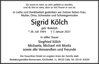 Traueranzeige von Sigrid Kölch von Cellesche Zeitung