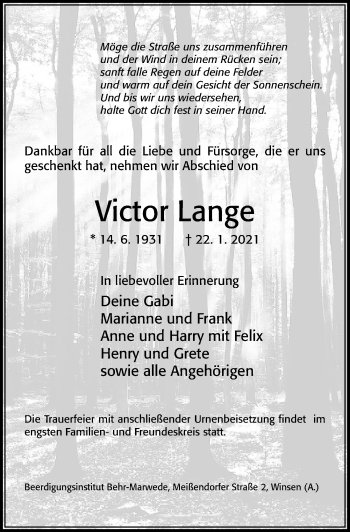 Traueranzeige von Victor Lange von Cellesche Zeitung