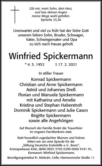 Traueranzeige von Winfried Spickermann von Cellesche Zeitung