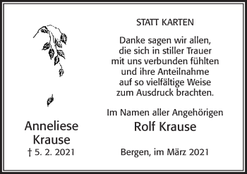Traueranzeige von Anneliese Krause von Cellesche Zeitung