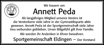 Traueranzeige von Annett Peda von Cellesche Zeitung