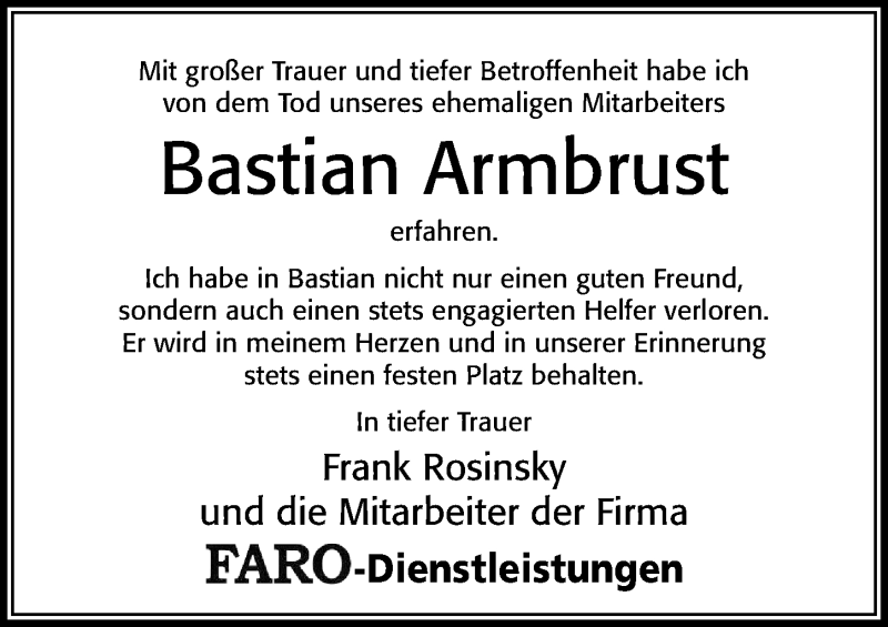  Traueranzeige für Bastian Armbrust vom 27.03.2021 aus Cellesche Zeitung