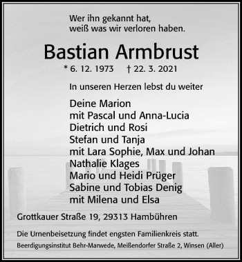 Traueranzeige von Bastian Armbrust von Cellesche Zeitung