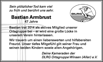 Traueranzeige von Bastian Armbrust von Cellesche Zeitung