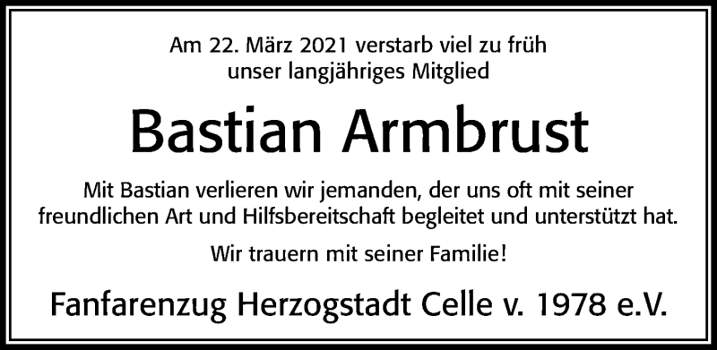  Traueranzeige für Bastian Armbrust vom 27.03.2021 aus Cellesche Zeitung