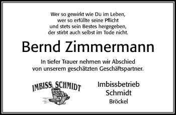 Traueranzeige von Bernd Zimmermann von Cellesche Zeitung