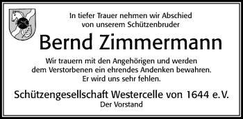 Traueranzeige von Bernd Zimmermann von Cellesche Zeitung