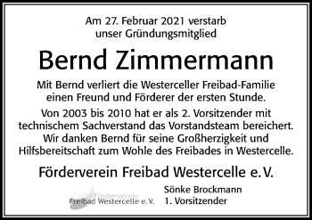 Traueranzeige von Bernd Zimmermann von Cellesche Zeitung