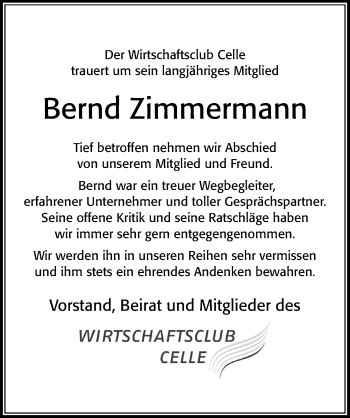 Traueranzeige von Bernd Zimmermann von Cellesche Zeitung