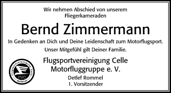 Traueranzeige von Bernd Zimmermann von Cellesche Zeitung