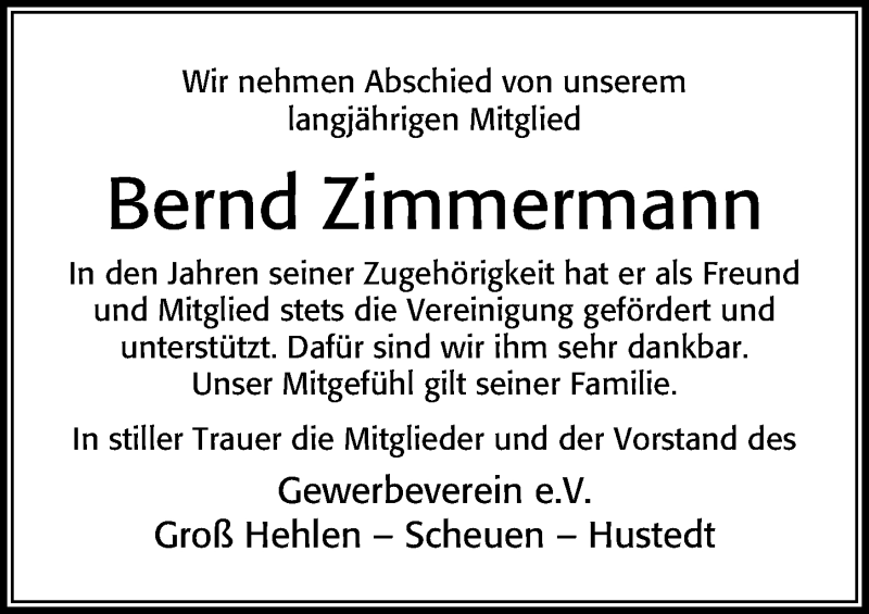  Traueranzeige für Bernd Zimmermann vom 05.03.2021 aus Cellesche Zeitung