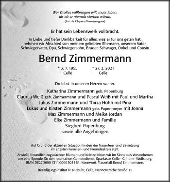 Traueranzeige von Bernd Zimmermann von Cellesche Zeitung
