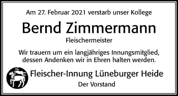 Traueranzeige von Bernd Zimmermann von Cellesche Zeitung