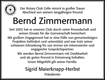 Traueranzeige von Bernd Zimmermann von Cellesche Zeitung