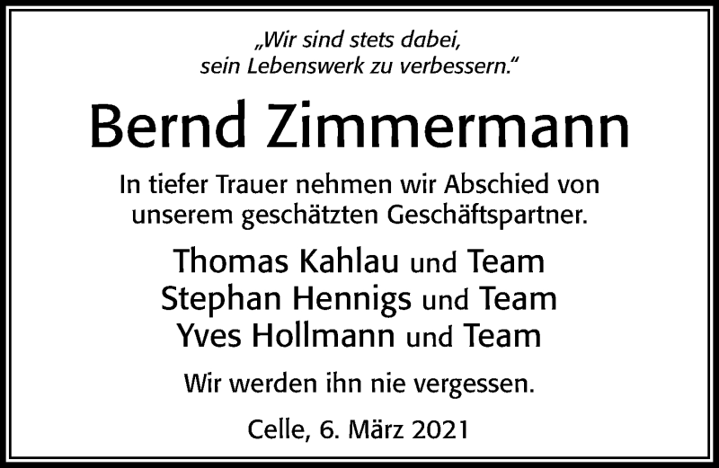  Traueranzeige für Bernd Zimmermann vom 06.03.2021 aus Cellesche Zeitung