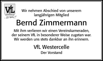 Traueranzeige von Bernd Zimmermann von Cellesche Zeitung