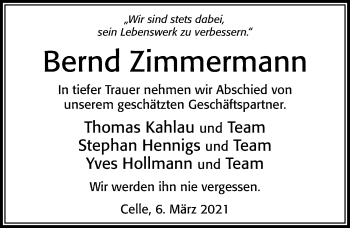Traueranzeige von Bernd Zimmermann von Cellesche Zeitung