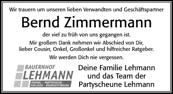 Traueranzeige von Bernd Zimmermann von Cellesche Zeitung