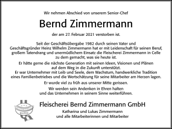 Traueranzeige von Bernd Zimmermann von Cellesche Zeitung