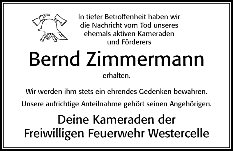  Traueranzeige für Bernd Zimmermann vom 03.03.2021 aus Cellesche Zeitung