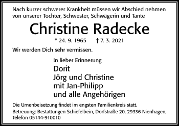 Traueranzeige von Christine Radecke von Cellesche Zeitung