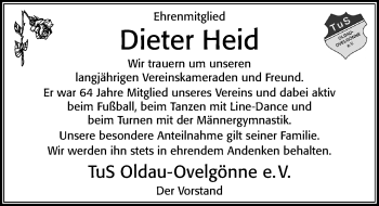 Traueranzeige von Dieter Heid von Cellesche Zeitung