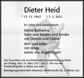 Traueranzeige von Dieter Heid von Cellesche Zeitung