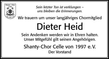 Traueranzeige von Dieter Heid von Cellesche Zeitung
