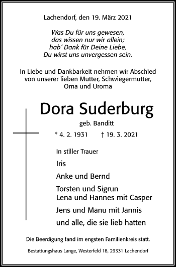 Traueranzeige von Dora Suderburg von Cellesche Zeitung