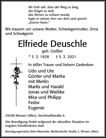 Traueranzeige von Elfriede Deuschle von Cellesche Zeitung