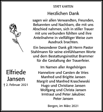 Traueranzeige von Elfriede Jansen von Cellesche Zeitung