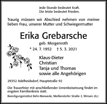 Traueranzeige von Erika Grebarsche von Cellesche Zeitung