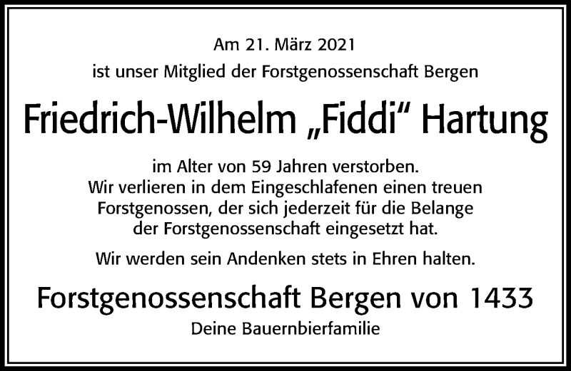  Traueranzeige für Friedrich-Wilhelm Hartung vom 24.03.2021 aus Cellesche Zeitung