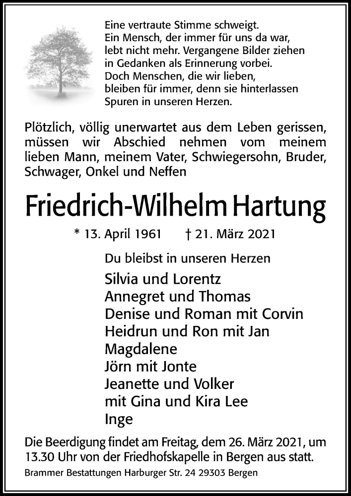  Traueranzeige für Friedrich-Wilhelm Hartung vom 24.03.2021 aus Cellesche Zeitung