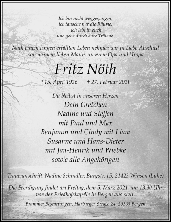 Traueranzeige von Fritz Nöth von Cellesche Zeitung