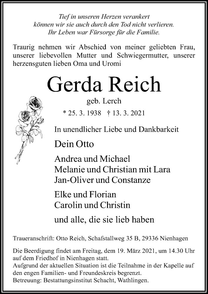  Traueranzeige für Gerda Reich vom 17.03.2021 aus Cellesche Zeitung